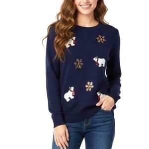 Victoria Harbour Women's Navy Blue Polar Bear Detail Crewneck LS Sweater Size M